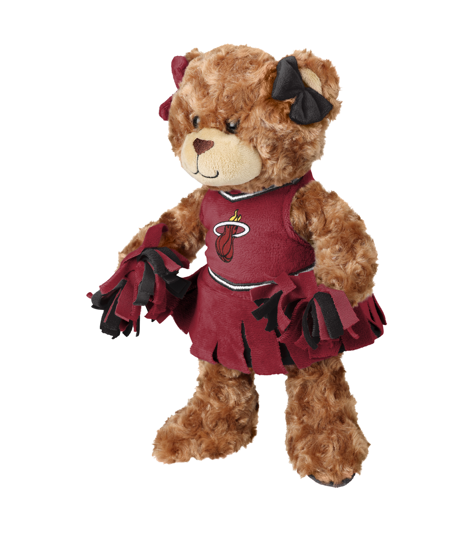 The Miami HEAT Cheerleader Bear Plushie by Forever Collectibles is a 10-inch brown teddy bear in a maroon Miami Heat uniform, with black and maroon bows, matching pom-poms, made from soft polyester fiber and surface washable for easy cleaning.