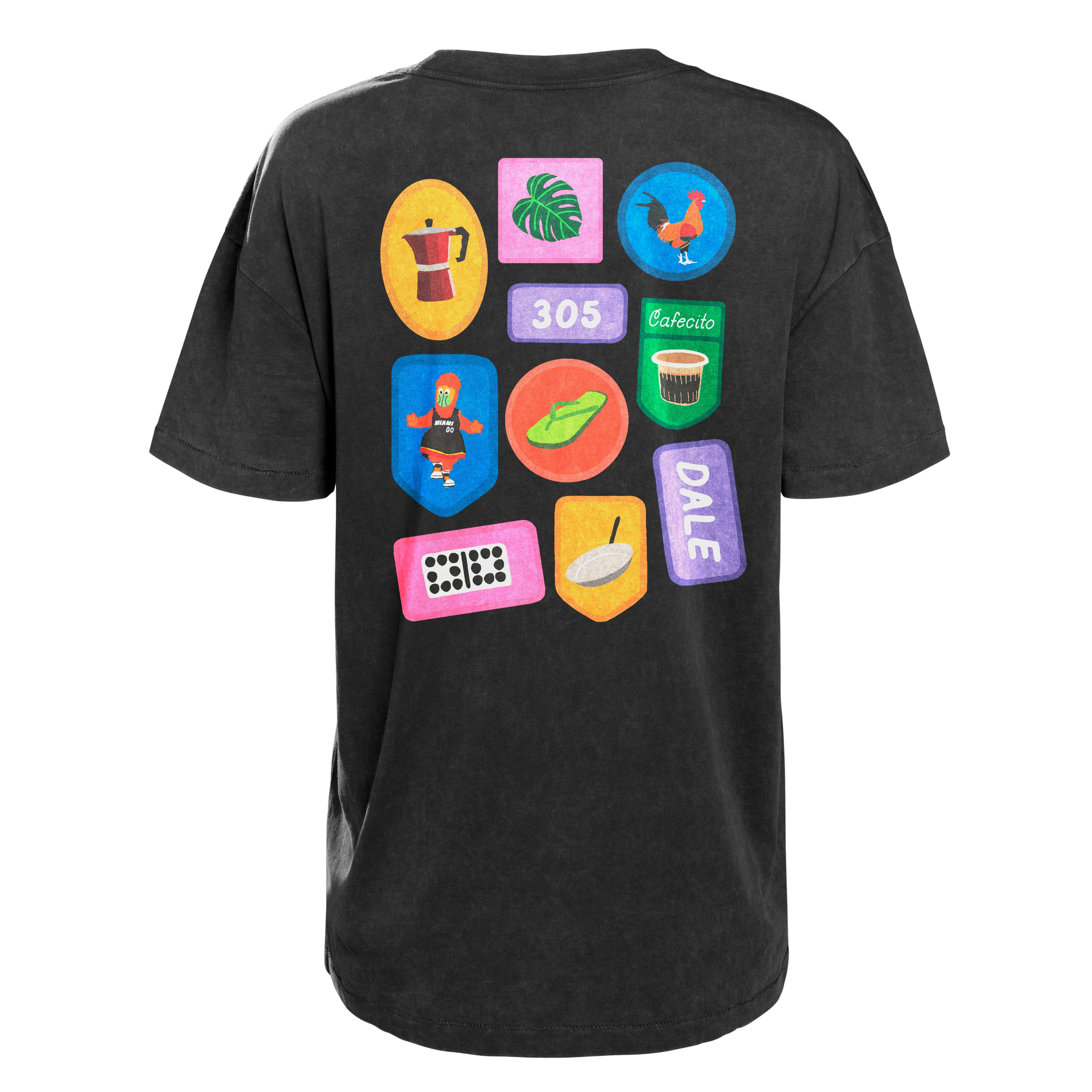 Black unisex tee with colorful Miami-themed patches including 305, Miami HEAT, and tropical icons. - Court Culture Miami Starter Pack Unisex Tee