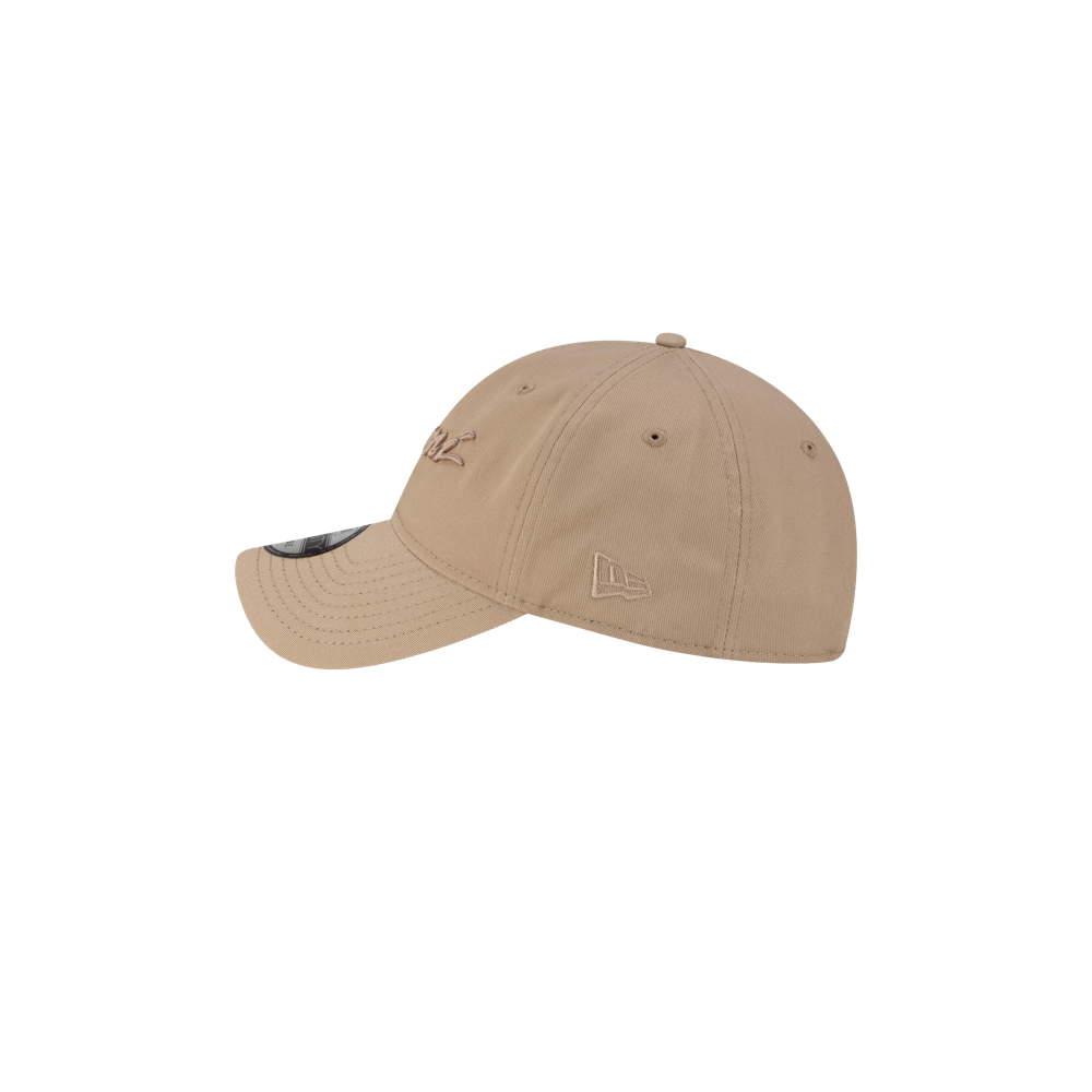 The Court Culture Original Vice Nights Wordmark Dad Hat in sand is shown in side profile on a white background, featuring stitching and a subtle embroidered logo. One size fits most; spot clean recommended.