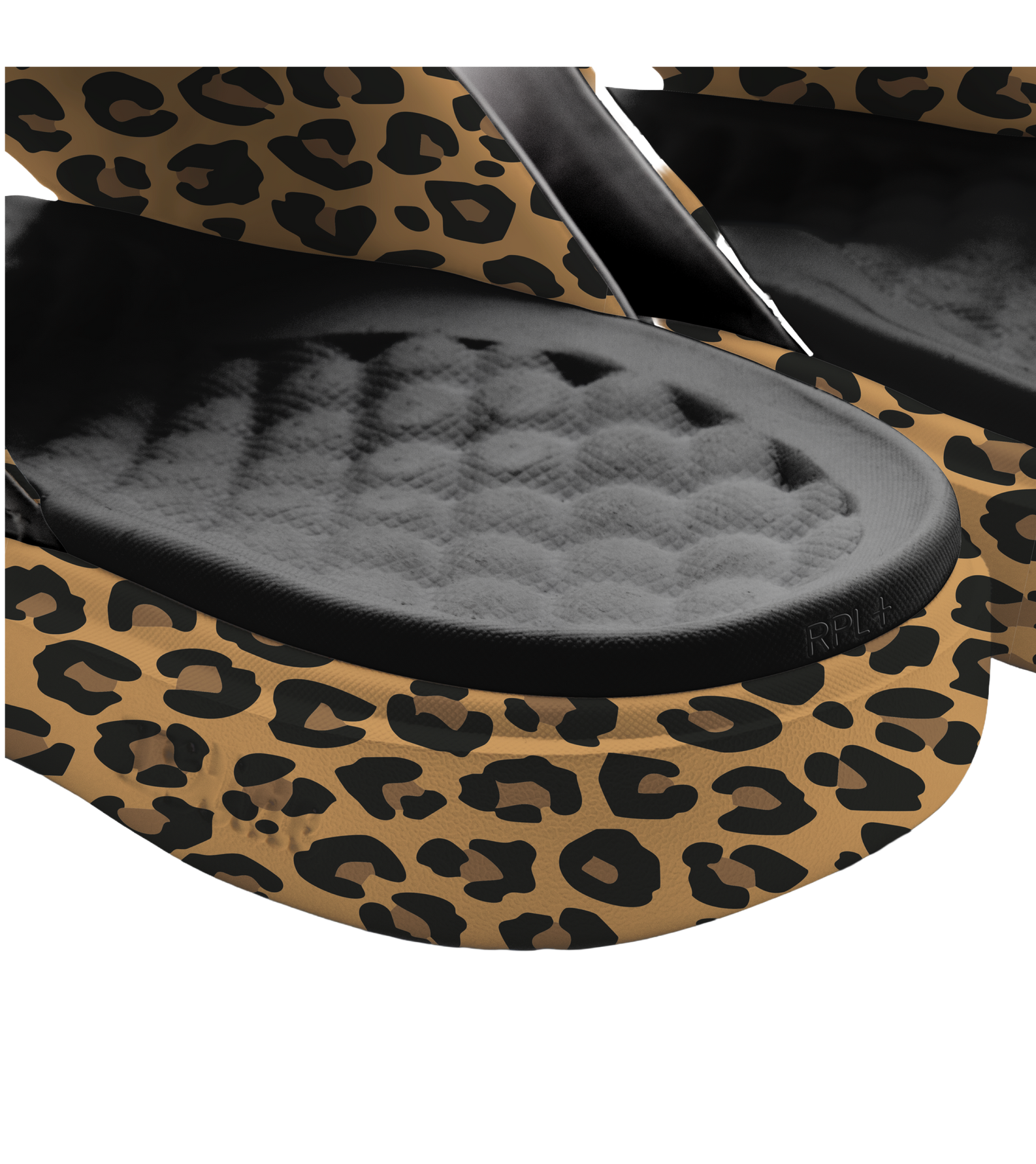 Close-up of ISlide Miami HEAT Cheetah Dip Sandals by ISlide, showcasing a tan and black cheetah print and a textured, cushioned footbed designed for all-day comfort.