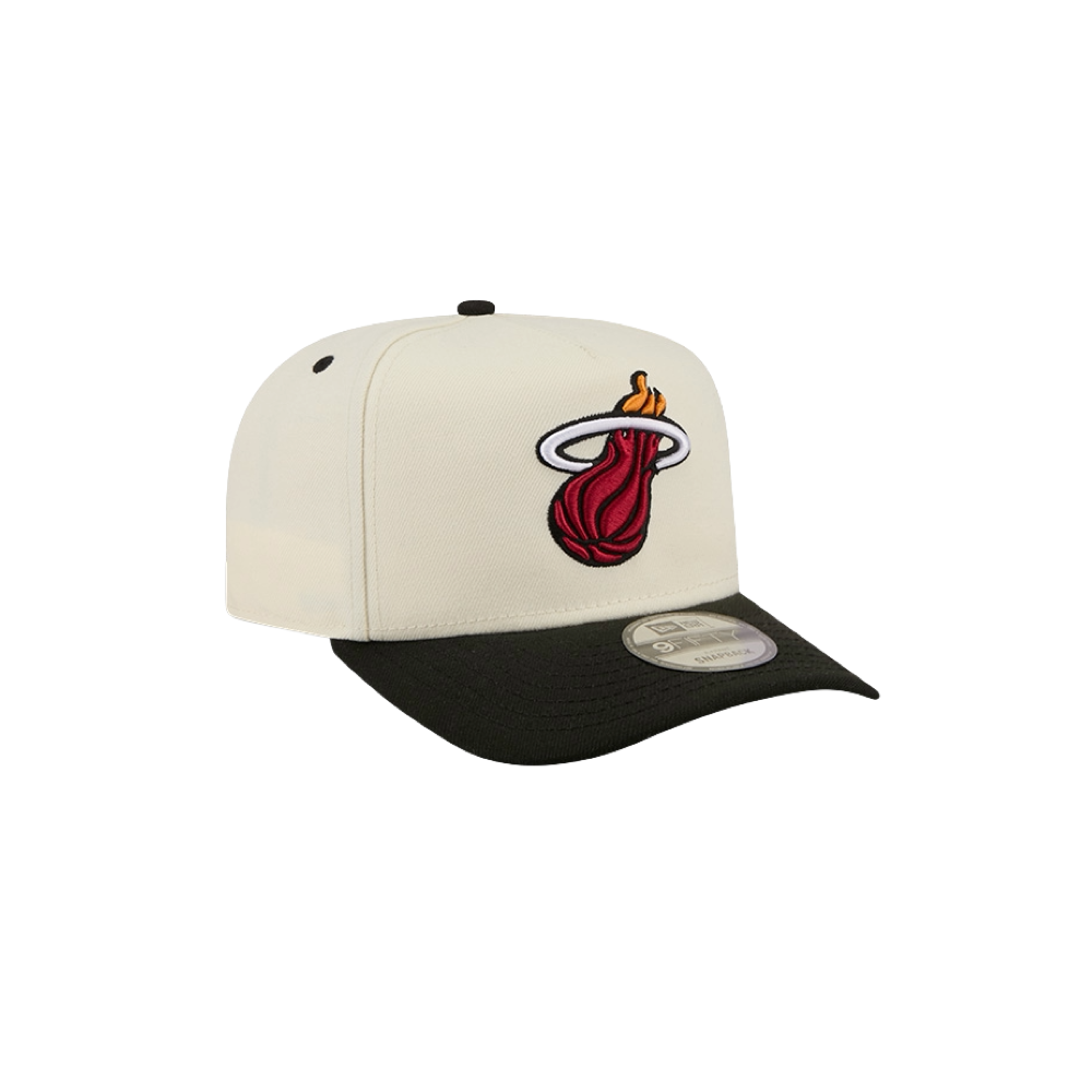 The New Era Miami HEAT Logo Wordmark Snapback is a black and white polyester hat featuring the Miami Heat basketball team logo on the front. This one-size-fits-most cap includes a dark brim, a round sticker on the bill, and is easy to keep fresh with spot cleaning.