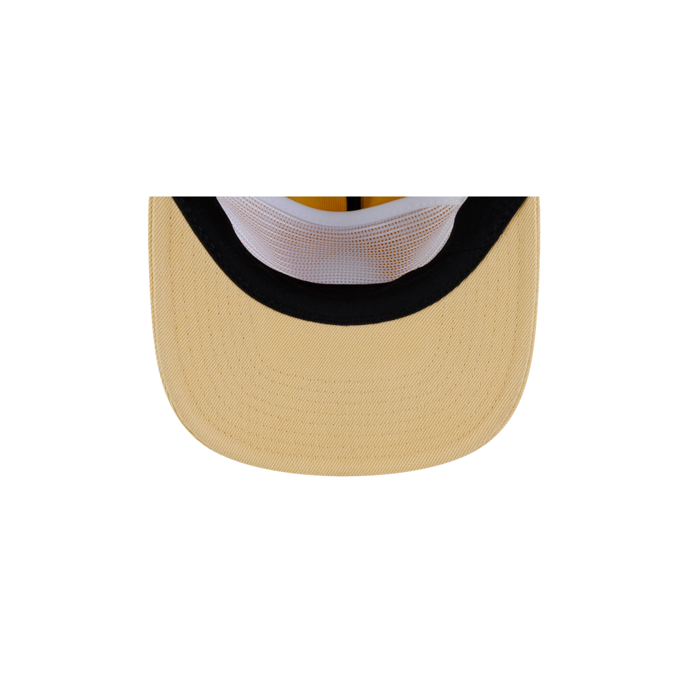 A Court Culture x New Era Colada Snapback in beige polyester, viewed from underneath to show the inner mesh crown and flat brim.
