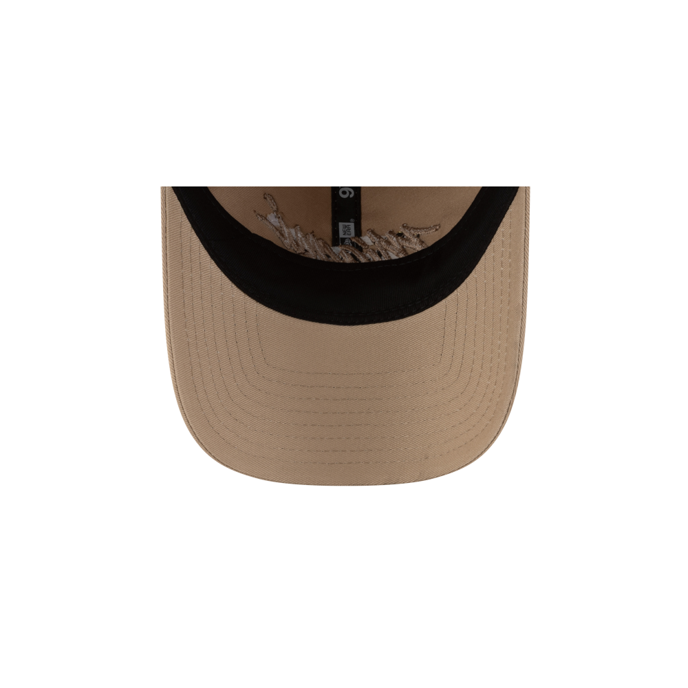 A close-up, top-down view of the Court Culture Original Vice Nights Wordmark Dad Hat in sand shows visible stitching on the brim and black inner trim. One size fits most; easy spot cleaning makes it ideal for everyday wear.