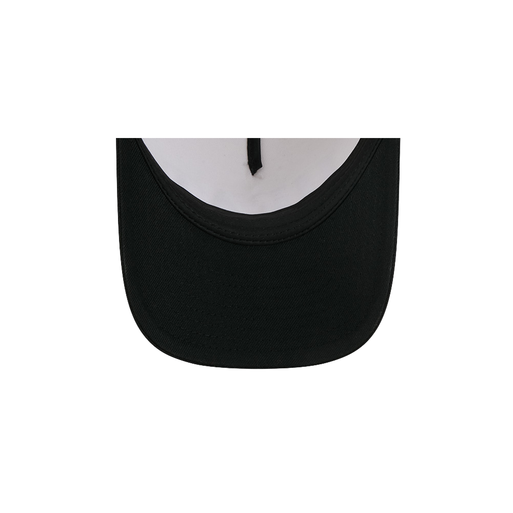 A close-up view of the brim of the New Era Miami HEAT 2-Tone Tonal Women’s Snapback by New Era, crafted from black polyester and shown against a white background, with the inside crown and part of the sweatband visible. This adjustable snapback is designed for comfort and style, ensuring a one-size-fits-most fit.