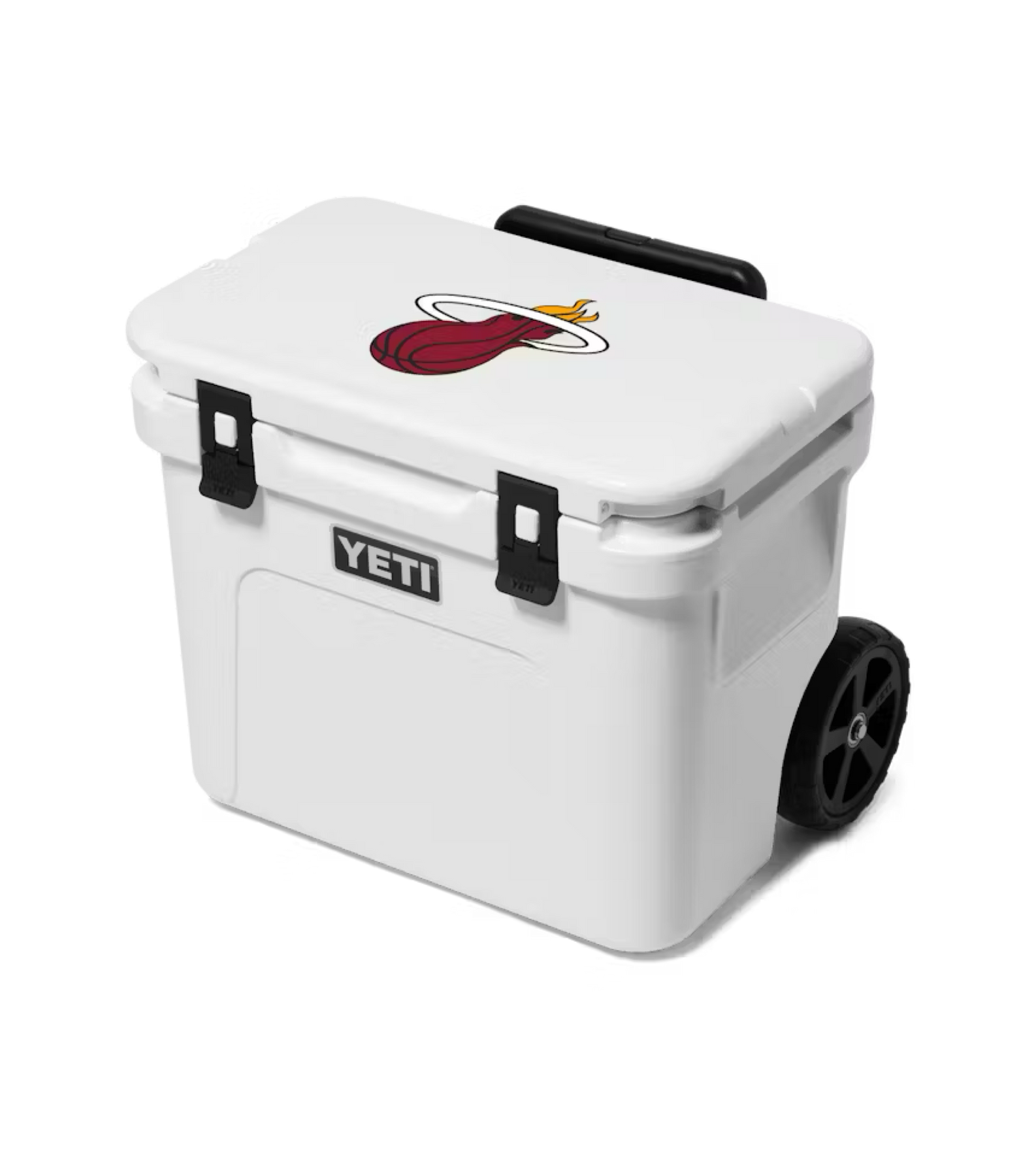 The Yeti Miami HEAT Roadie® 32 Cooler is a durable, wheeled cooler with black latches, wheels, and a Miami Heat logo on the lid. Compact and trunk-friendly, it's perfect for easy transport to games or gatherings.