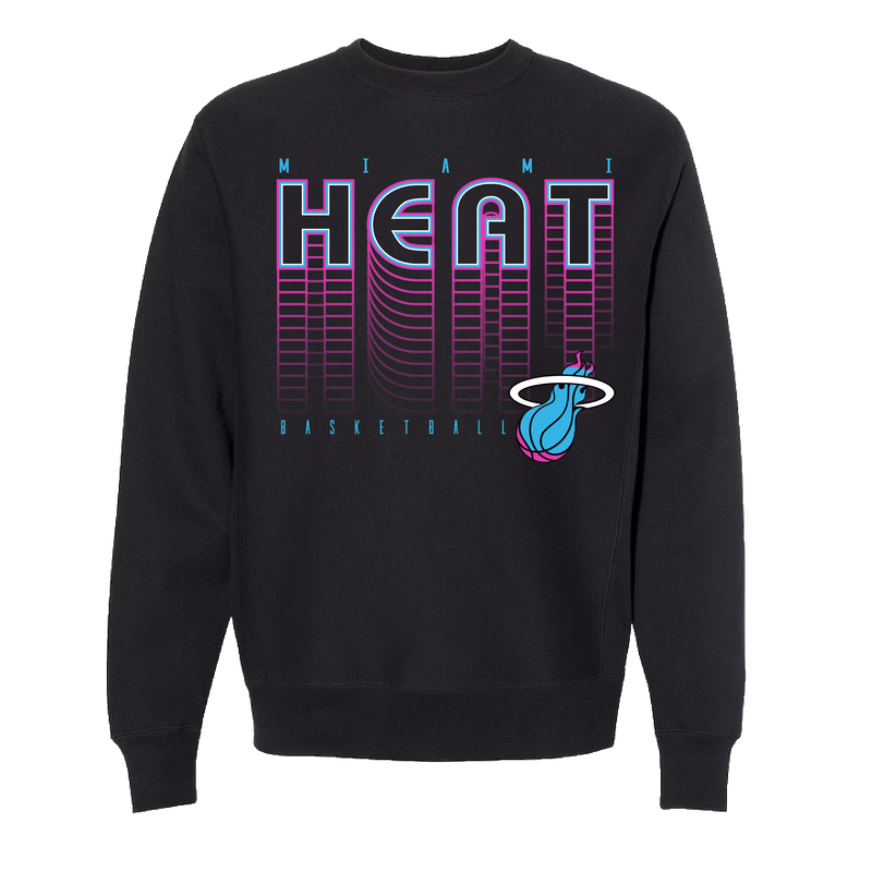 The Miami HEAT Original Vice Nights Retro Crewneck by Item Of The Game is a black cotton-polyester sweatshirt with a retro flaming basketball logo and standard fit. Machine wash cold to keep colors vibrant.