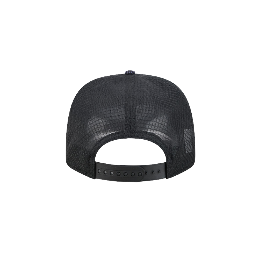 The New Era Miami HEAT Tonal Camo Snapback by New Era is displayed from the back, showcasing its adjustable snapback closure with multiple sizing holes. Crafted as a cooling stretch-snap hat from durable polyester, this anti-microbial black mesh trucker hat is set against a plain white background.