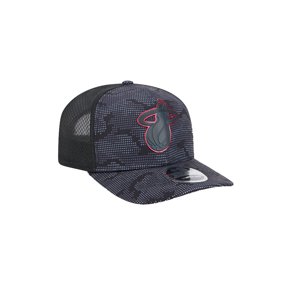 New Era Miami HEAT Tonal Camo Snapback by New Era features a black mesh trucker design with a gray camouflage front and a stylized red and gray basketball logo on the front panel. Crafted from durable polyester, this hat is angled to display its brim and mesh back, ensuring comfort for everyday wear.