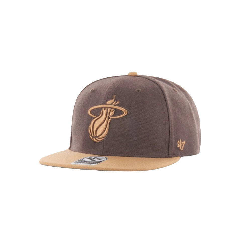 Camel and brown Miami HEAT snapback hat with embroidered team logo and flat brim.