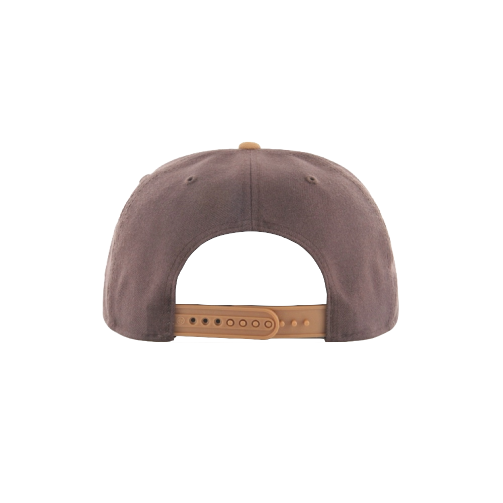 Camel-colored snapback cap with adjustable strap and embroidered ventilation eyelets, back view.