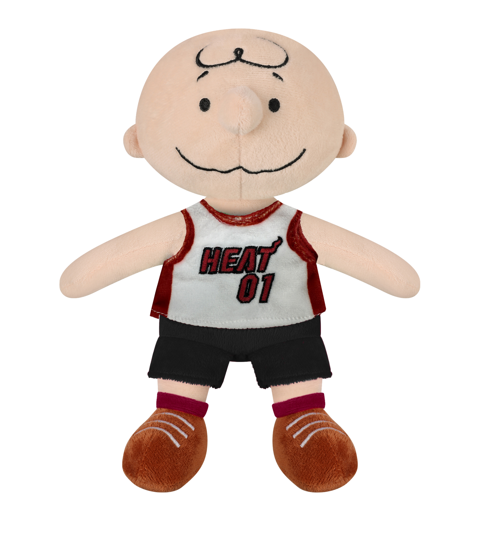 The Miami HEAT Charlie Brown Jersey Plush by Forever Collectibles features a bald cartoon boy in a white and red HEAT 01 jersey, black shorts, and brown shoes. Made of soft polyester fiber, it's surface washable and perfect for ages 3+.