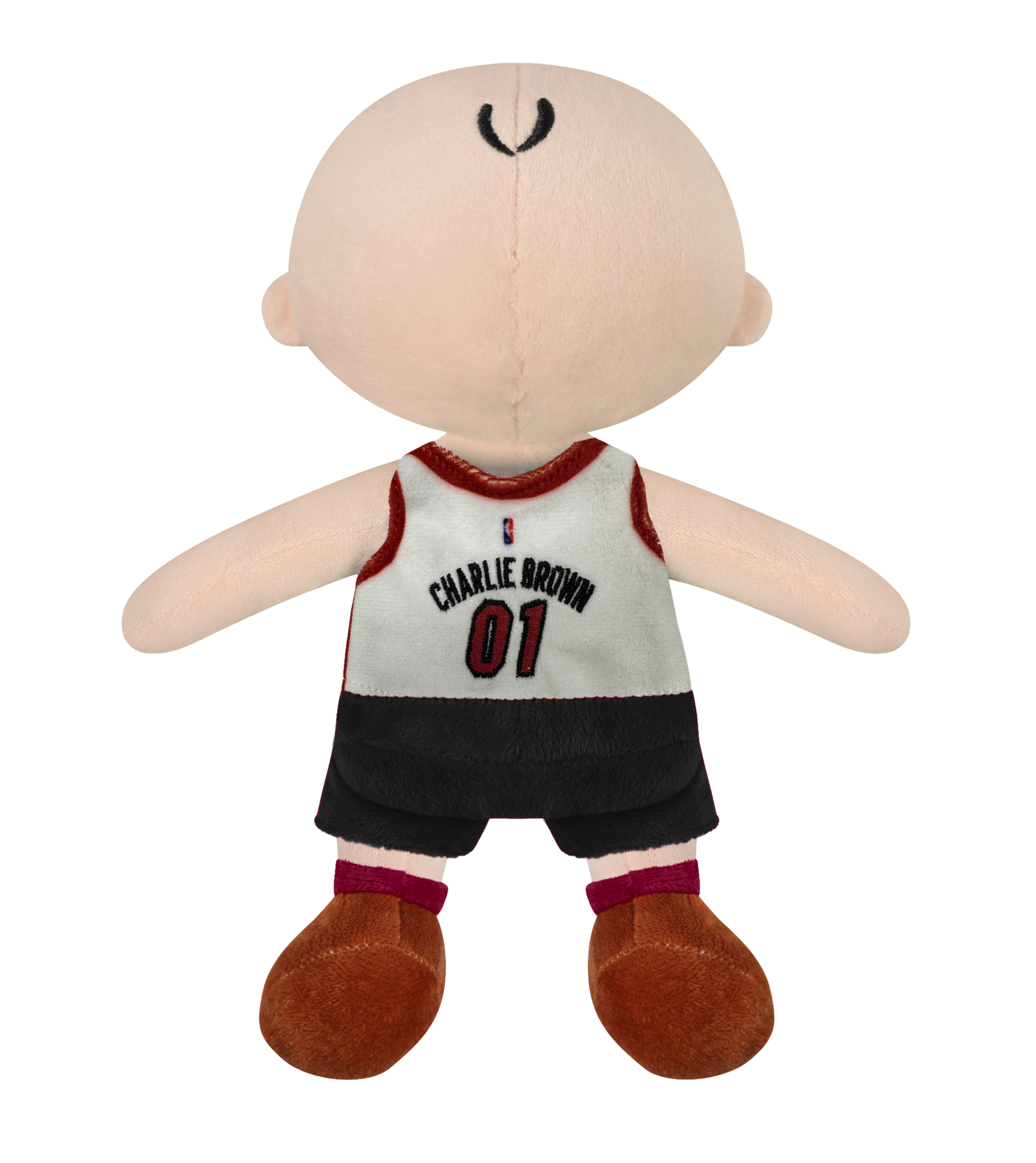 The Miami HEAT Charlie Brown Jersey Plush by Forever Collectibles features Charlie Brown in a black and white basketball jersey with 