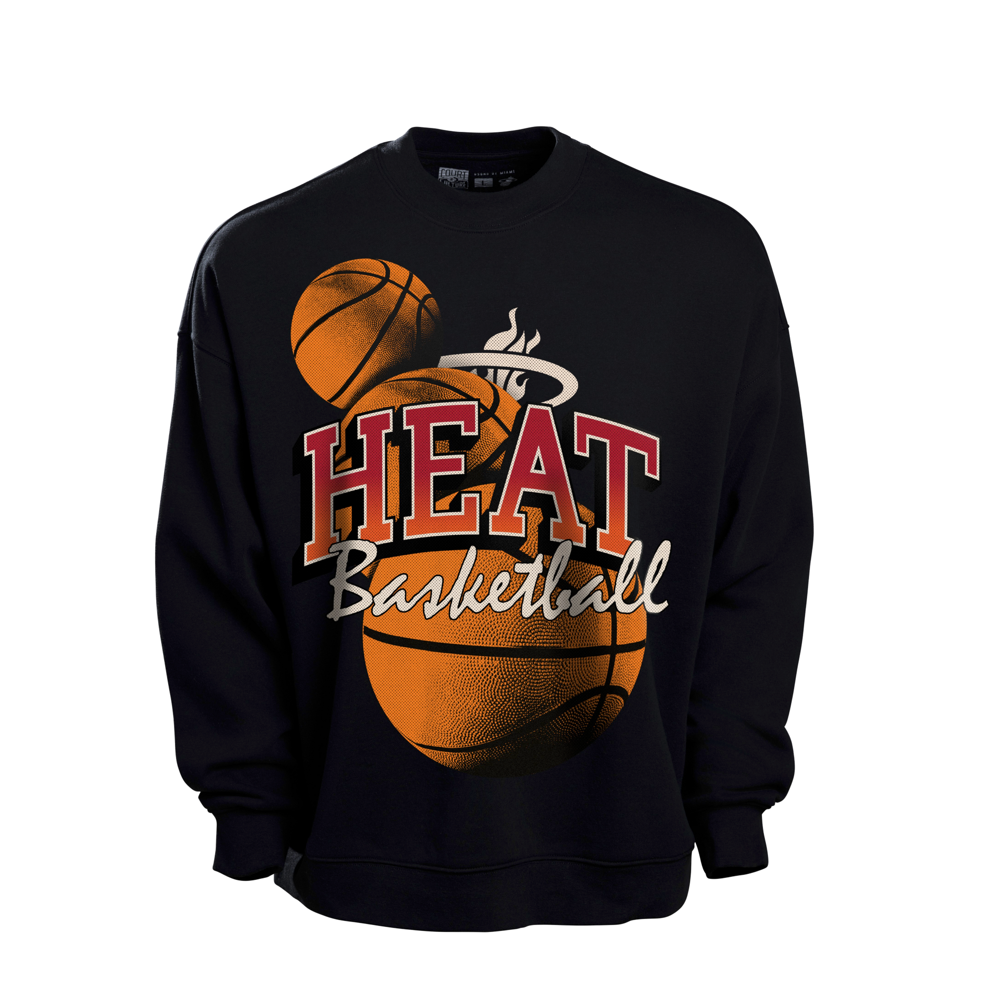 The Court Culture “Game Ball” Crewneck by Court Culture features a black sweatshirt design with bold orange basketball graphics and striking HEAT Basketball text on the front, highlighted by a stylized flaming basketball logo above “HEAT.” Made from a soft cotton-polyester blend in a standard fit, this crewneck offers comfort and durability and is easy to hand wash for lasting wear.