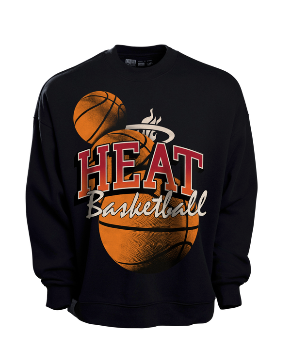 The Court Culture “Game Ball” Crewneck by Court Culture features a black sweatshirt design with bold orange basketball graphics and striking HEAT Basketball text on the front, highlighted by a stylized flaming basketball logo above “HEAT.” Made from a soft cotton-polyester blend in a standard fit, this crewneck offers comfort and durability and is easy to hand wash for lasting wear.