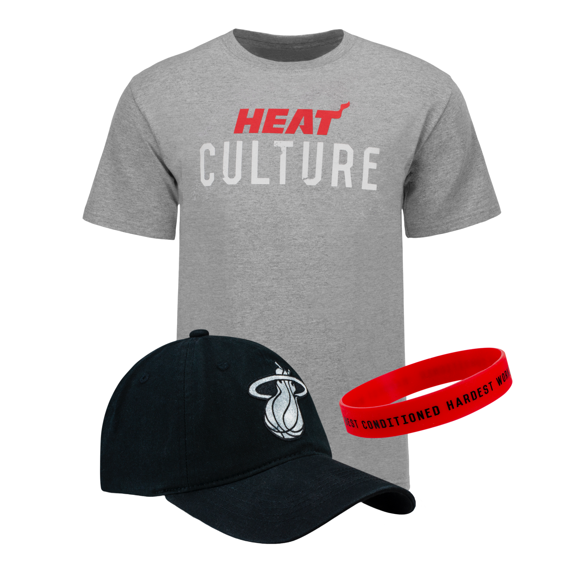 Heather gray HEAT Culture t-shirt with red and white logo, black Miami Heat cap, red silicone wristband.