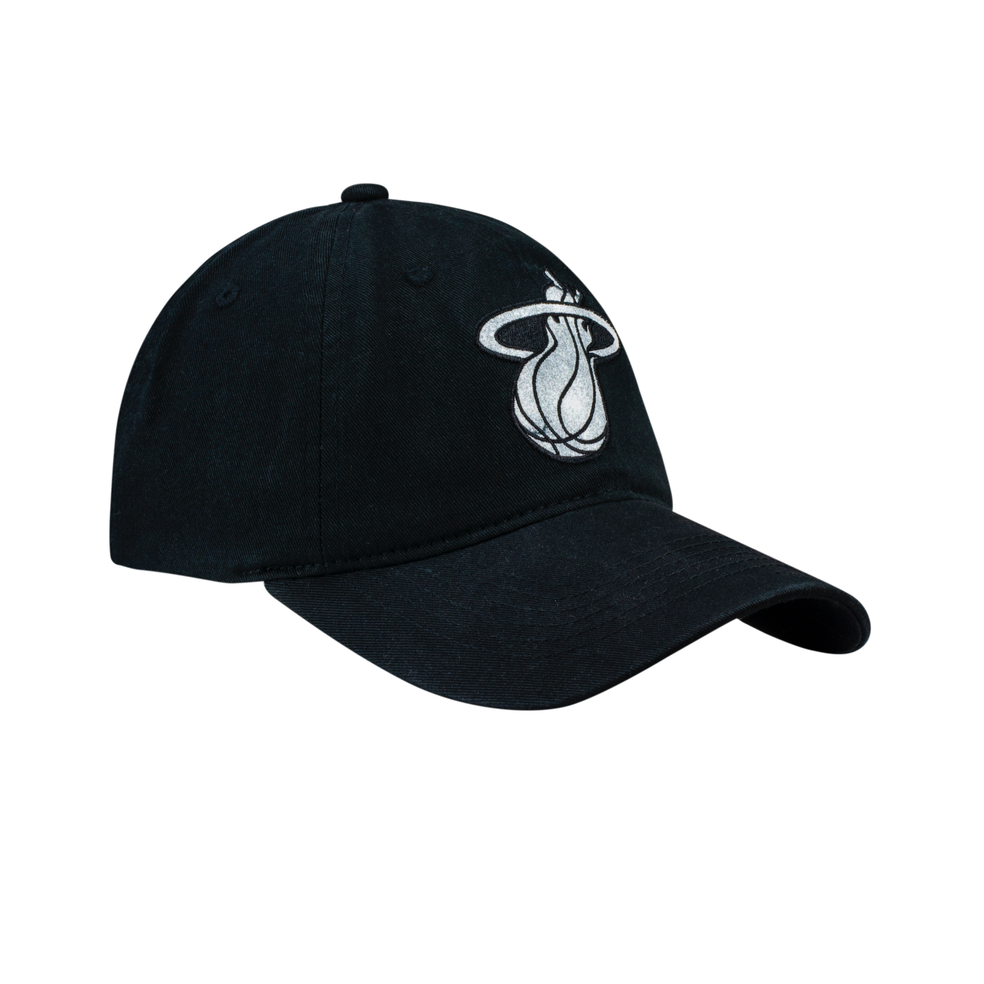 Black youth baseball cap with white Miami Heat flaming basketball logo embroidered front.