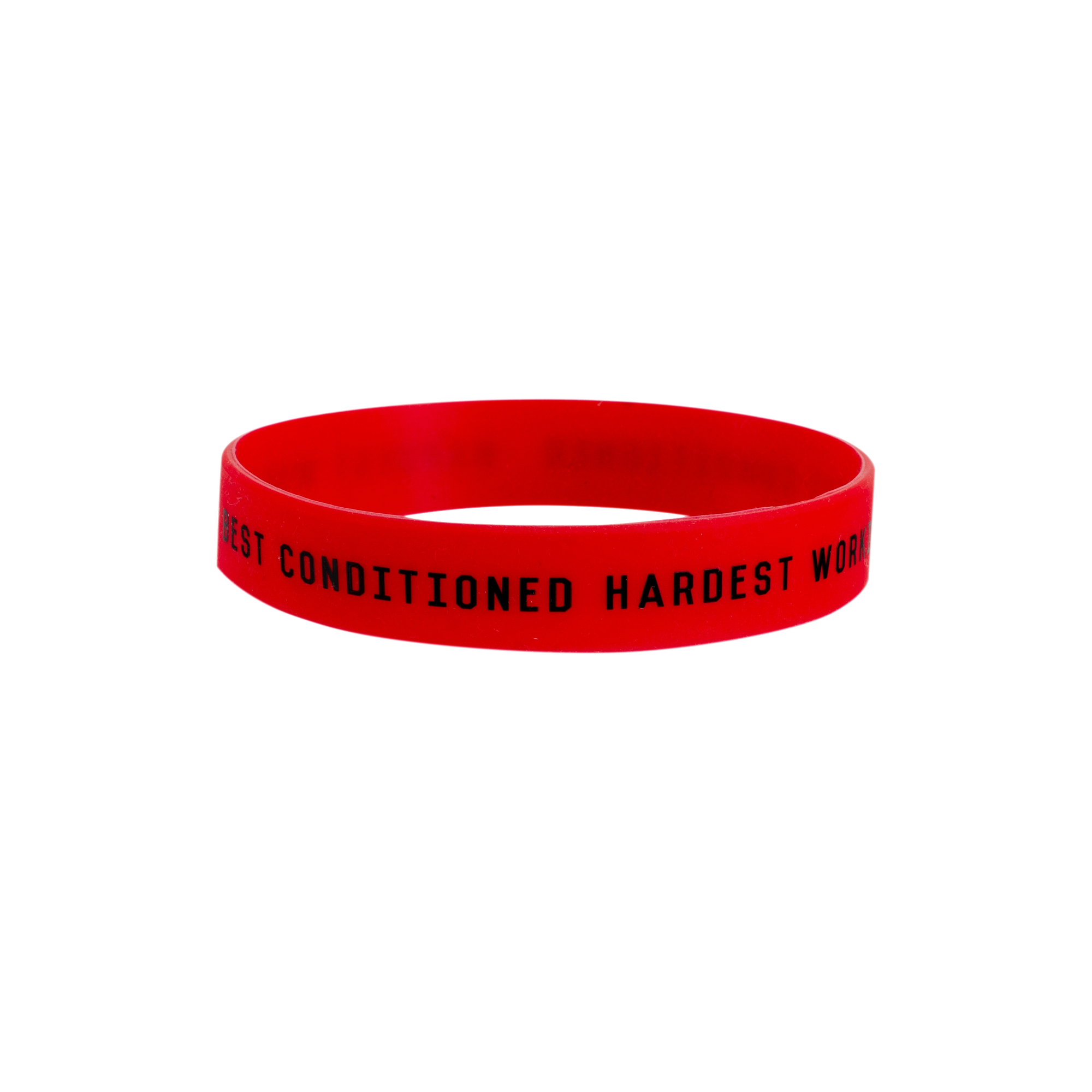Red silicone wristband with black motivational text wrapping around the band.