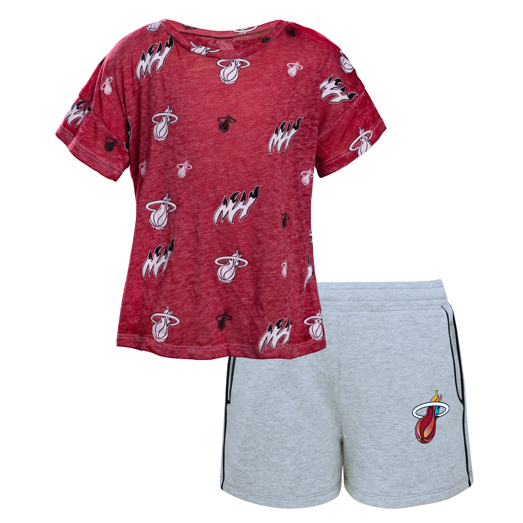 Red toddler t-shirt with black and white Miami basketball logos paired with light gray shorts featuring a Miami Heat emblem.