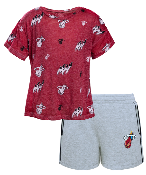 Red toddler t-shirt with black and white Miami basketball logos paired with light gray shorts featuring a Miami Heat emblem.