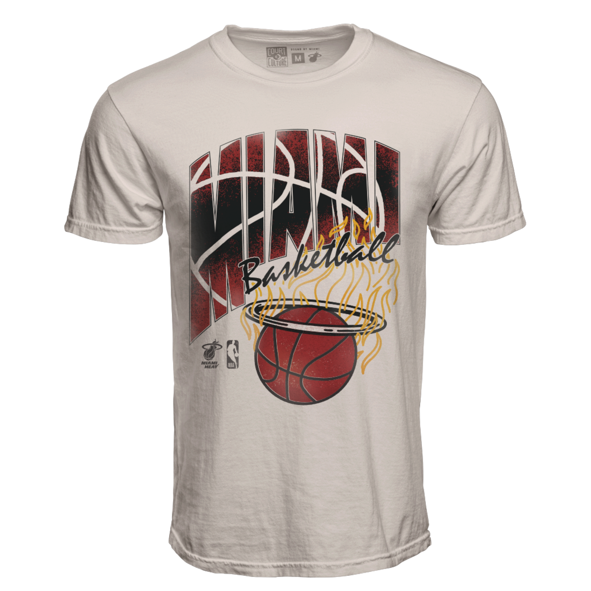 Beige unisex t-shirt with Miami HEAT-inspired basketball graphic and stylized text on front. - Court Culture Association Unisex Tee