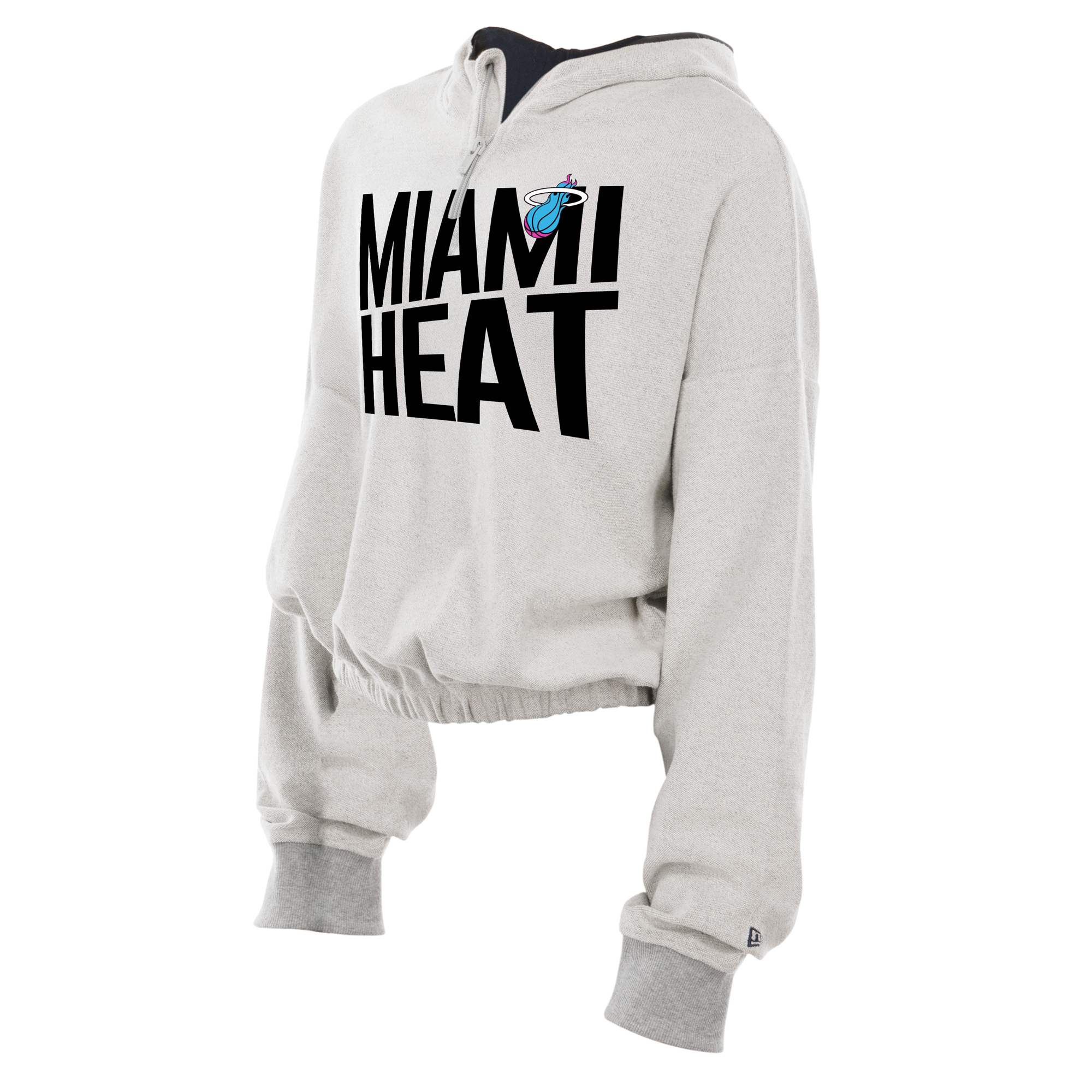 The New Era Miami HEAT Original Vice Nights 1/4 Zip Women's Hoodie features a light gray, relaxed cropped fit with a front pocket, large black MIAMI HEAT text and logo on the chest. Made from soft cotton-polyester for comfort.