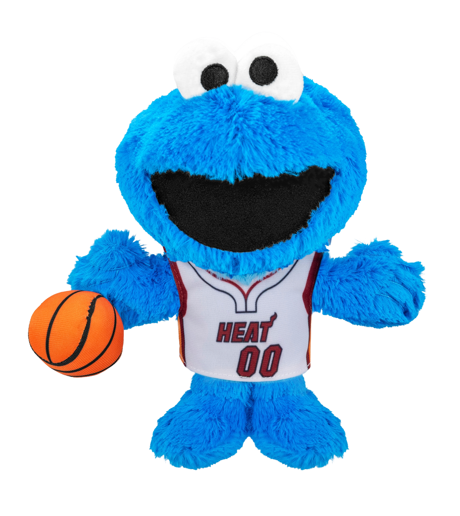 The Miami HEAT Cookie Monster Association Plushie by Bleacher Creatures is a blue plush toy featuring large eyes, a big black mouth, and a friendly expression. Dressed in a white Miami HEAT basketball jersey with “HEAT 00” and holding an orange basketball, this plush is inspired by Cookie Monster from Sesame Street.