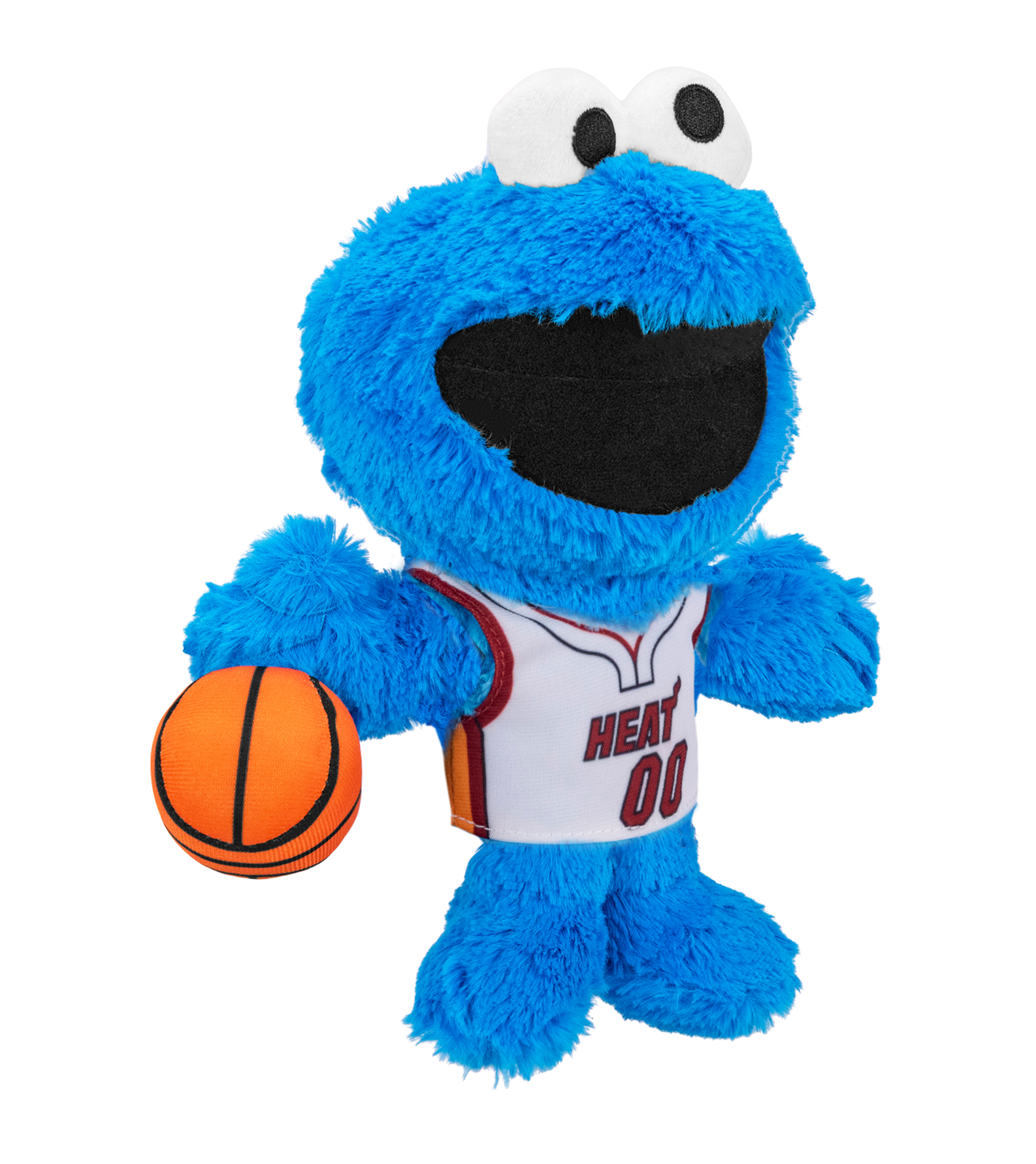 The Miami HEAT Cookie Monster Association Plushie by Bleacher Creatures features a blue Cookie Monster in a white Miami HEAT jersey with “HEAT 00,” holding an orange basketball, resembling a playful Sesame Street sports mascot.