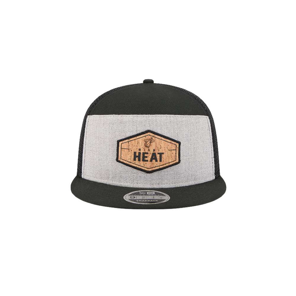 Gray and black New Era snapback cap with cork Miami HEAT logo patch on front. - New Era Miami HEAT Cork Trucker Snapback