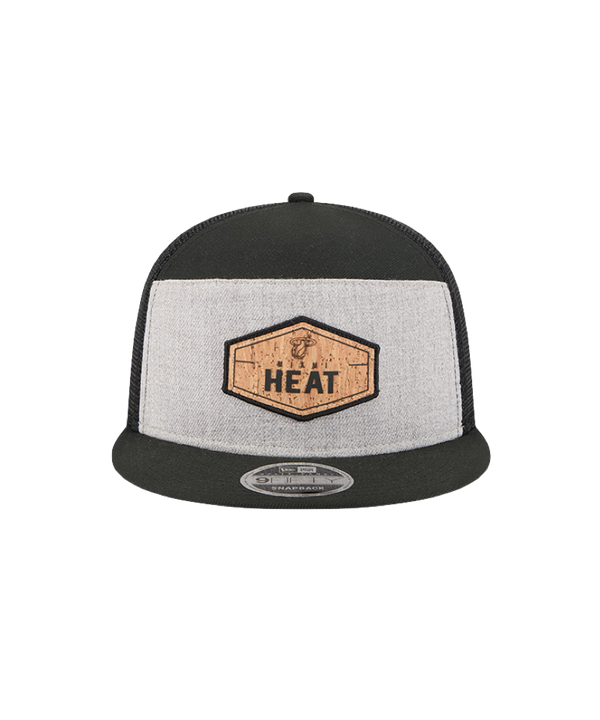 Gray and black New Era snapback cap with cork Miami HEAT logo patch on front. - New Era Miami HEAT Cork Trucker Snapback