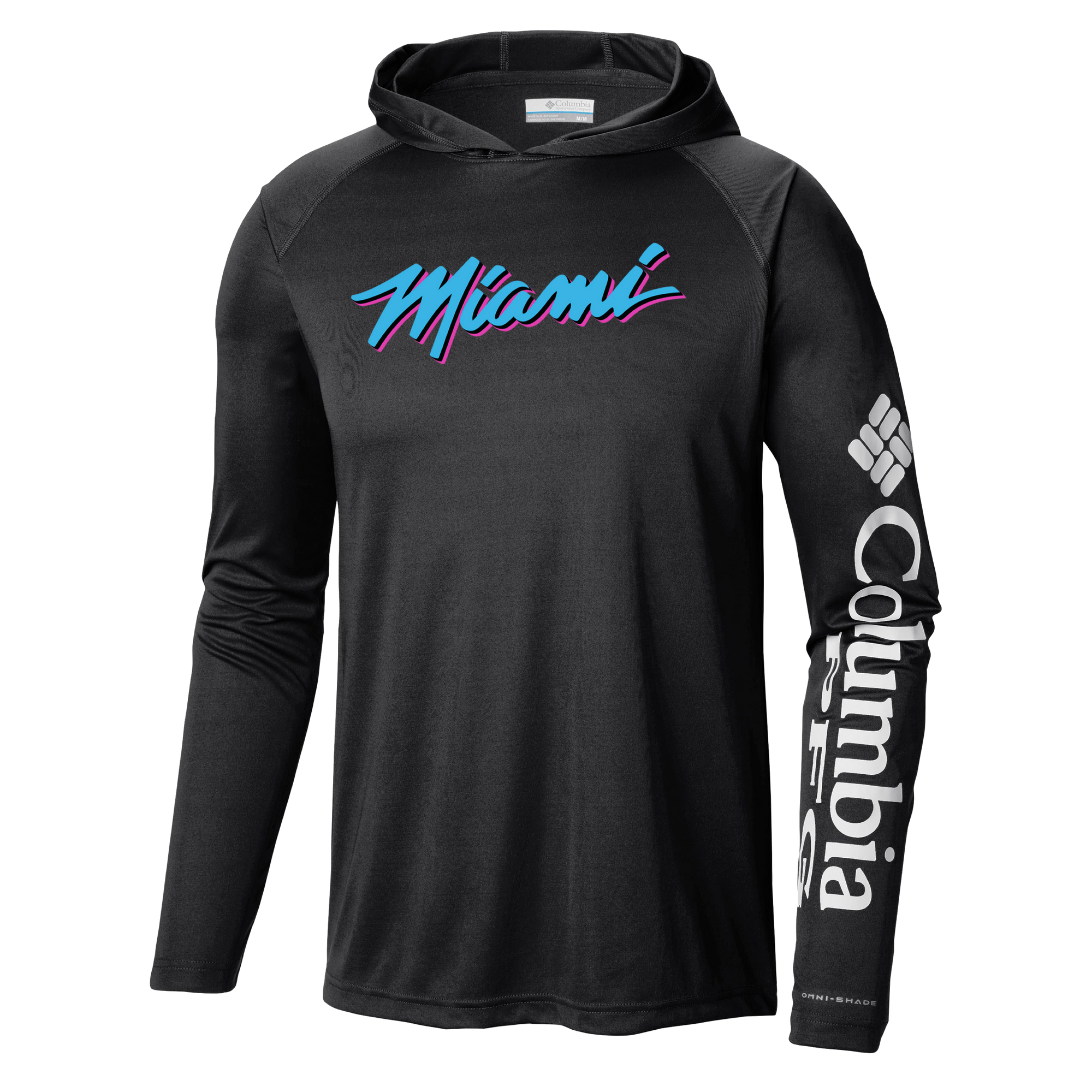 The Columbia Outdoor Miami HEAT Original Vice Nights Long Sleeve Hoodie Tee features “Miami” in colorful script on the chest and “Columbia” with logo down the sleeve. Made from soft, machine washable polyester for a sporty, casual look and standard fit.