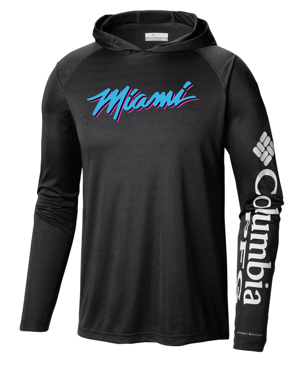 The Columbia Outdoor Miami HEAT Original Vice Nights Long Sleeve Hoodie Tee features “Miami” in colorful script on the chest and “Columbia” with logo down the sleeve. Made from soft, machine washable polyester for a sporty, casual look and standard fit.
