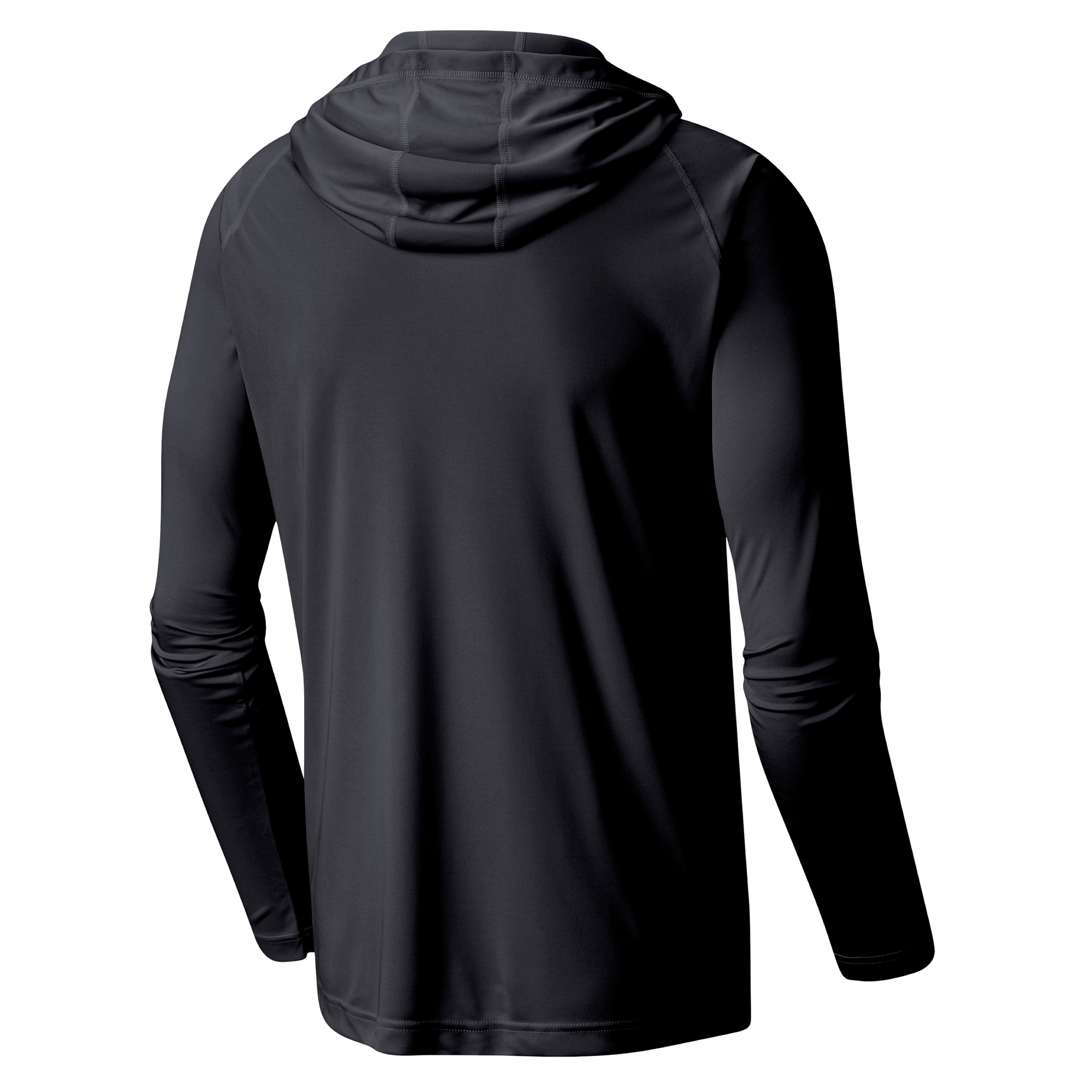 The Columbia Miami HEAT Original Vice Nights Long Sleeve Hoodie Tee by Columbia Outdoor is shown from the back on a white background. This black, lightweight polyester shirt offers a standard fit, simple design, and is machine washable for easy care.