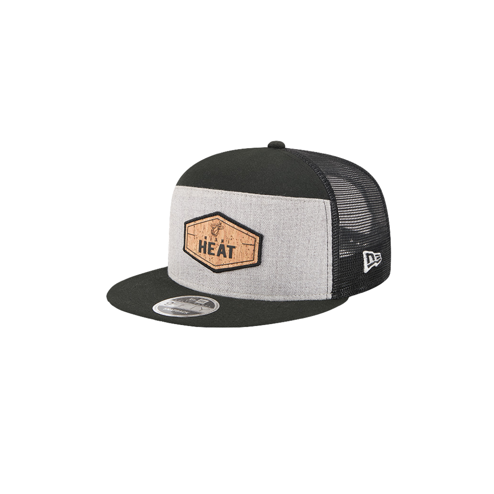 Gray and black New Era Miami HEAT cork trucker snapback cap with adjustable mesh back. - New Era Miami HEAT Cork Trucker Snapback