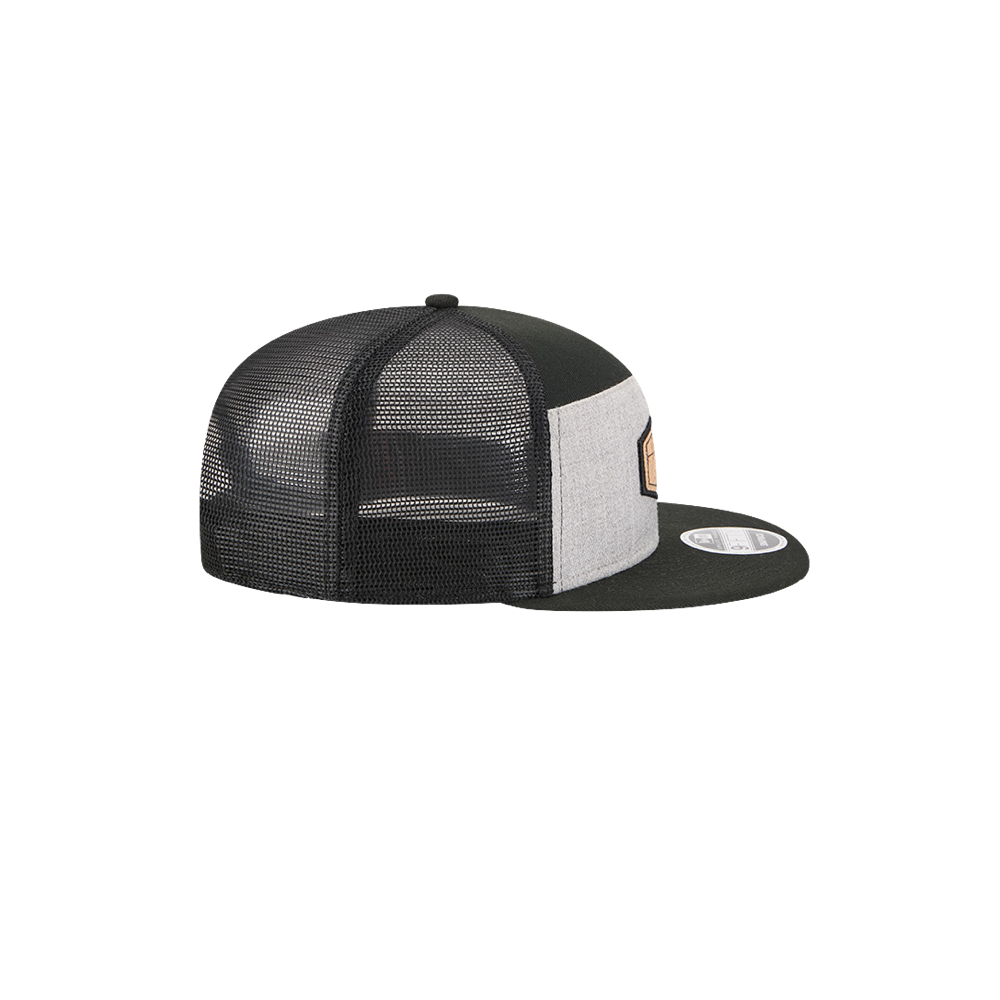 Miami HEAT New Era cork front trucker snapback cap with gray visor and black mesh back. - New Era Miami HEAT Cork Trucker Snapback