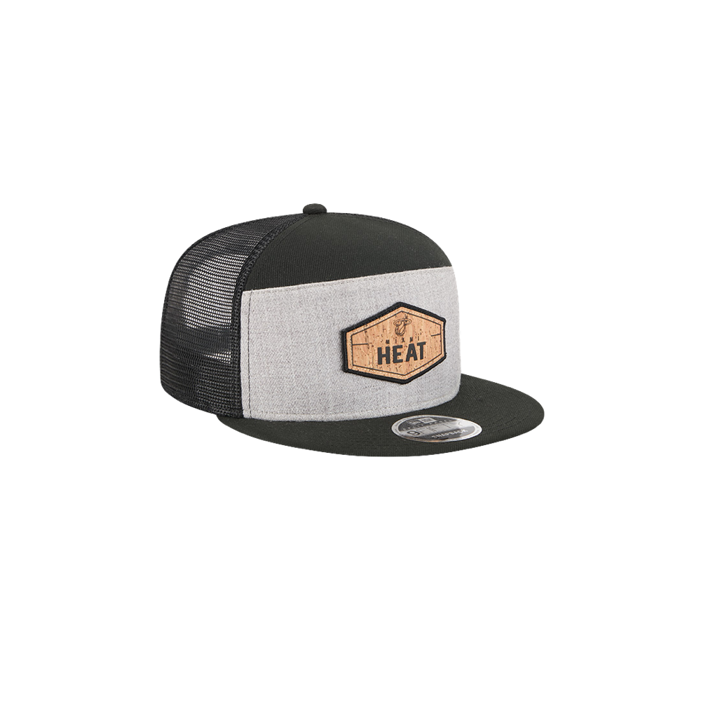 Gray and black Miami HEAT cork patch trucker snapback cap with mesh back and adjustable strap. - New Era Miami HEAT Cork Trucker Snapback