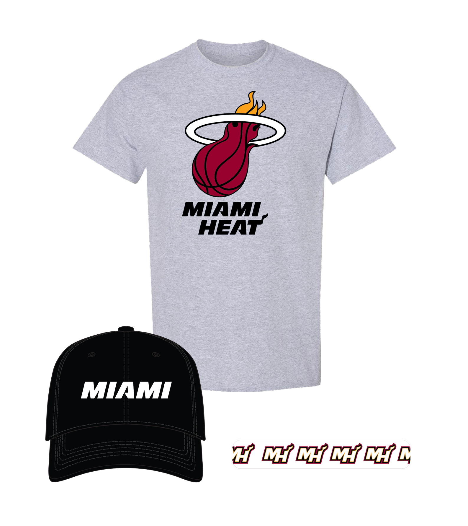 Miami HEAT Core Youth Combo Pack featuring a gray t-shirt with a Miami Heat logo, a black baseball cap with MIAMI in white, and a strip of six small Miami Heat logos.