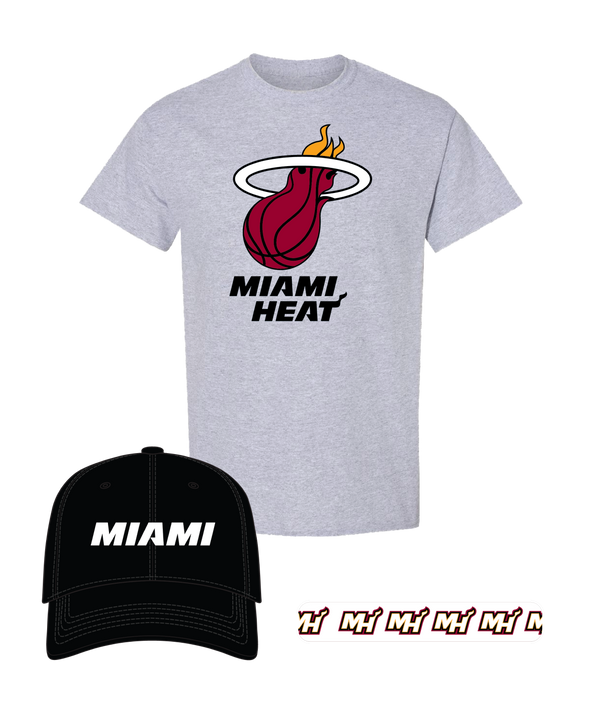 Miami HEAT Core Youth Combo Pack featuring a gray t-shirt with a Miami Heat logo, a black baseball cap with MIAMI in white, and a strip of six small Miami Heat logos.