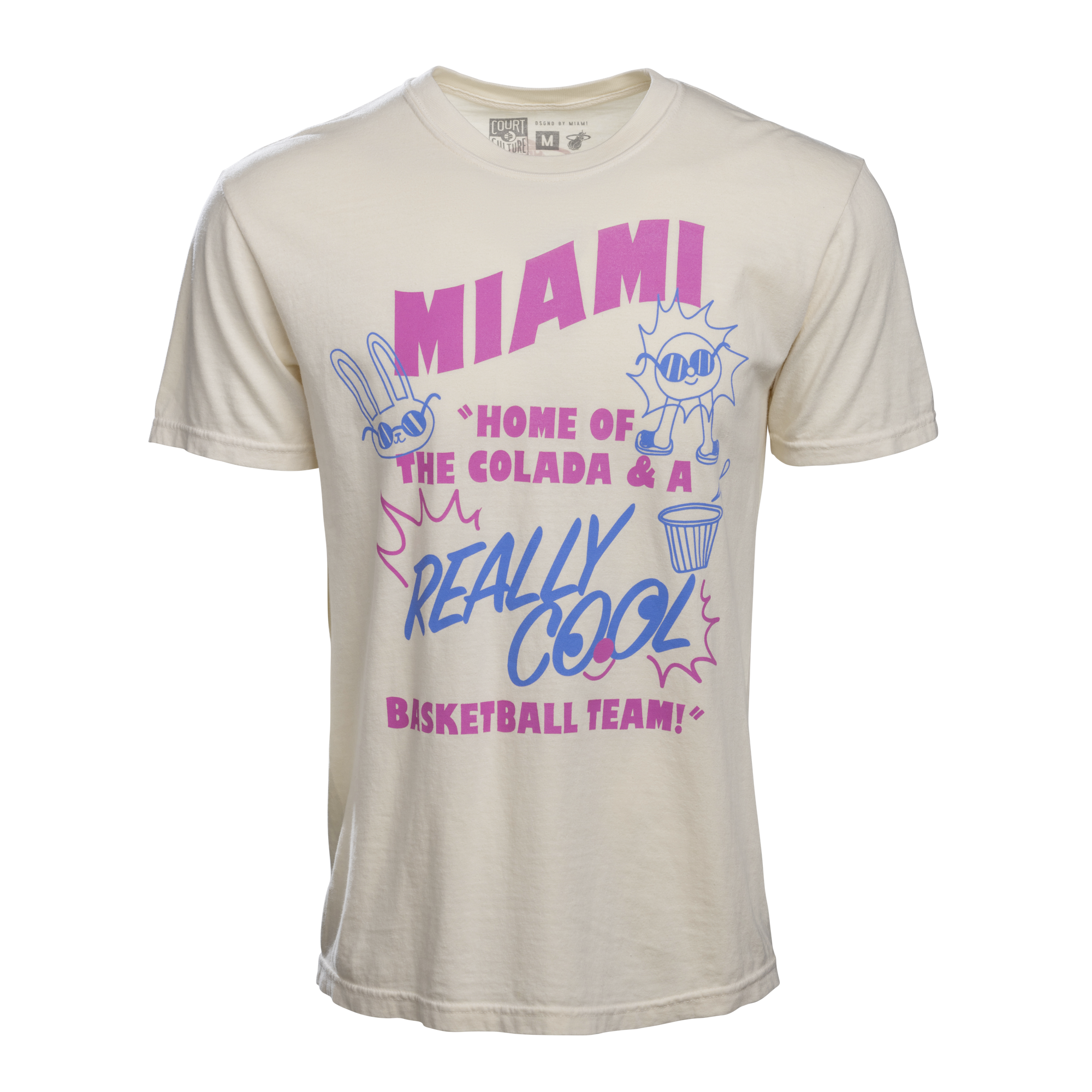 Beige unisex tee with colorful Miami HEAT slogan and playful basketball graphics on front. - Court Culture Postcard Unisex Tee