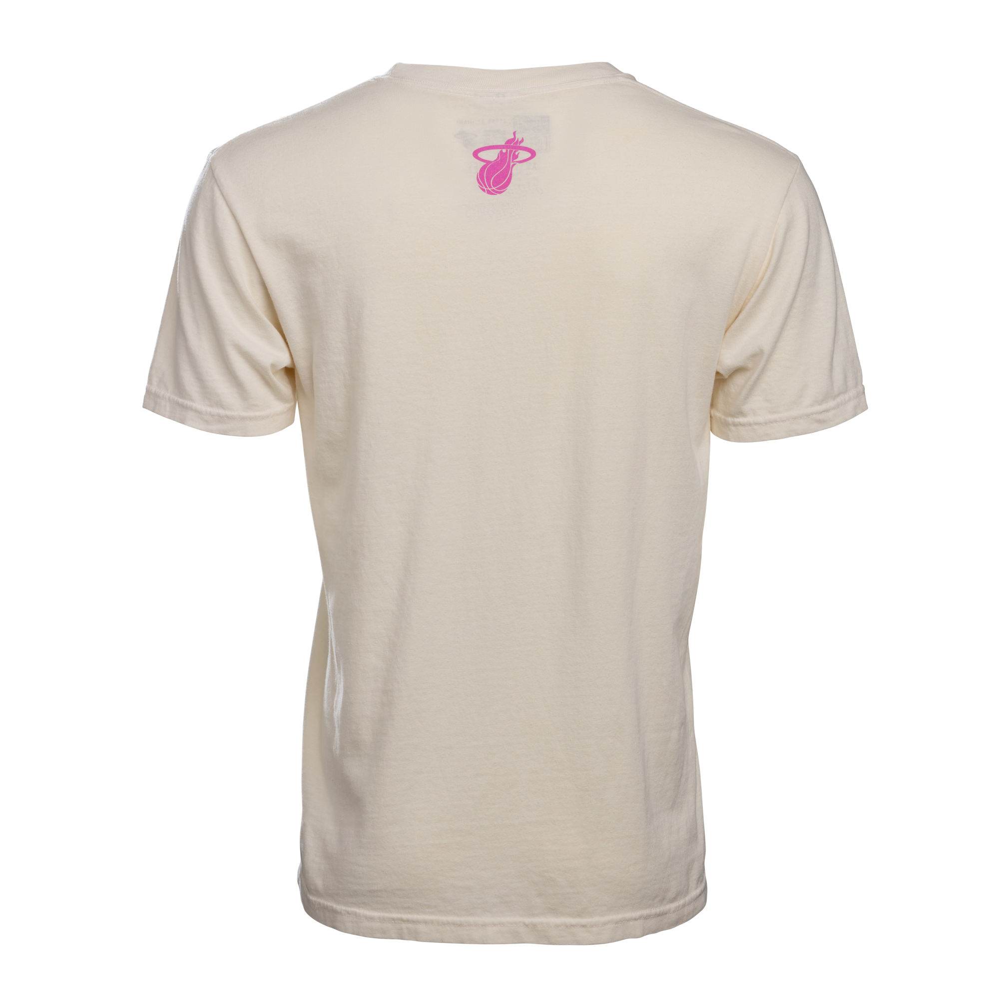 Beige Court Culture Postcard unisex tee with small pink Miami HEAT logo on upper back. - Court Culture Postcard Unisex Tee