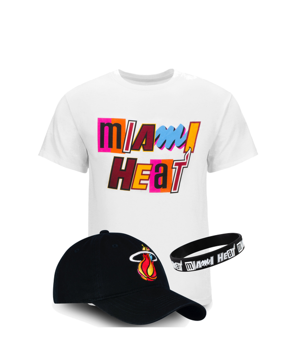 White Miami HEAT graphic t-shirt, black cap with Miami HEAT logo, and black adjustable wristband. - Miami Mashup Vol. 2 Combo Pack