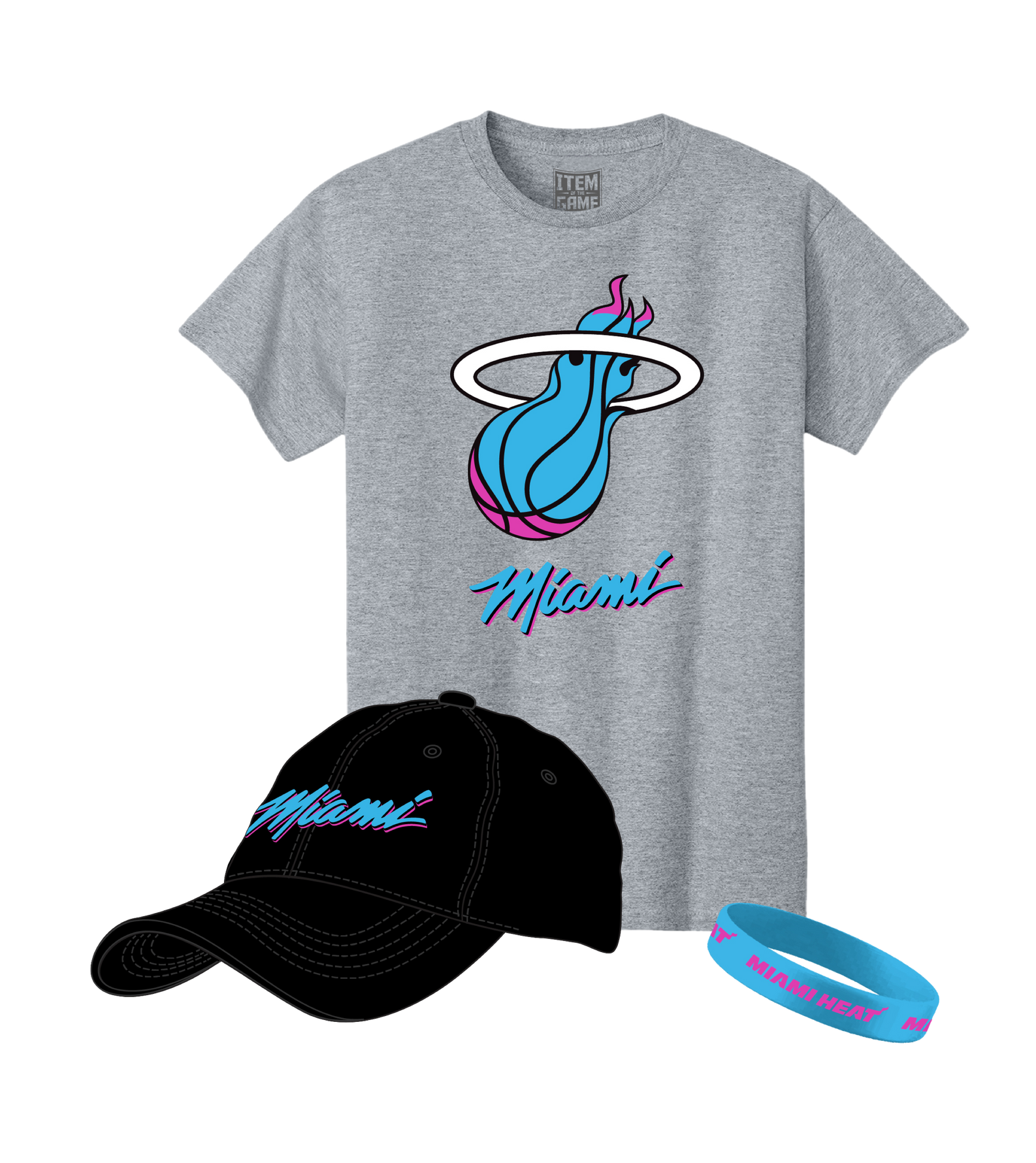 The Miami HEAT Original Vice Nights Combo Pack by Item Of The Game includes a gray 100% cotton tee with a blue and pink flaming basketball logo, a black cap with 