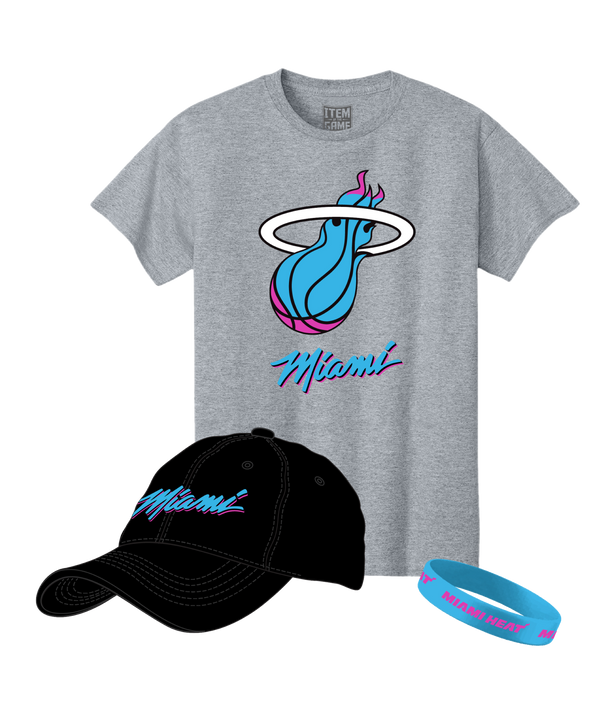 The Miami HEAT Original Vice Nights Combo Pack by Item Of The Game includes a gray 100% cotton tee with a blue and pink flaming basketball logo, a black cap with 