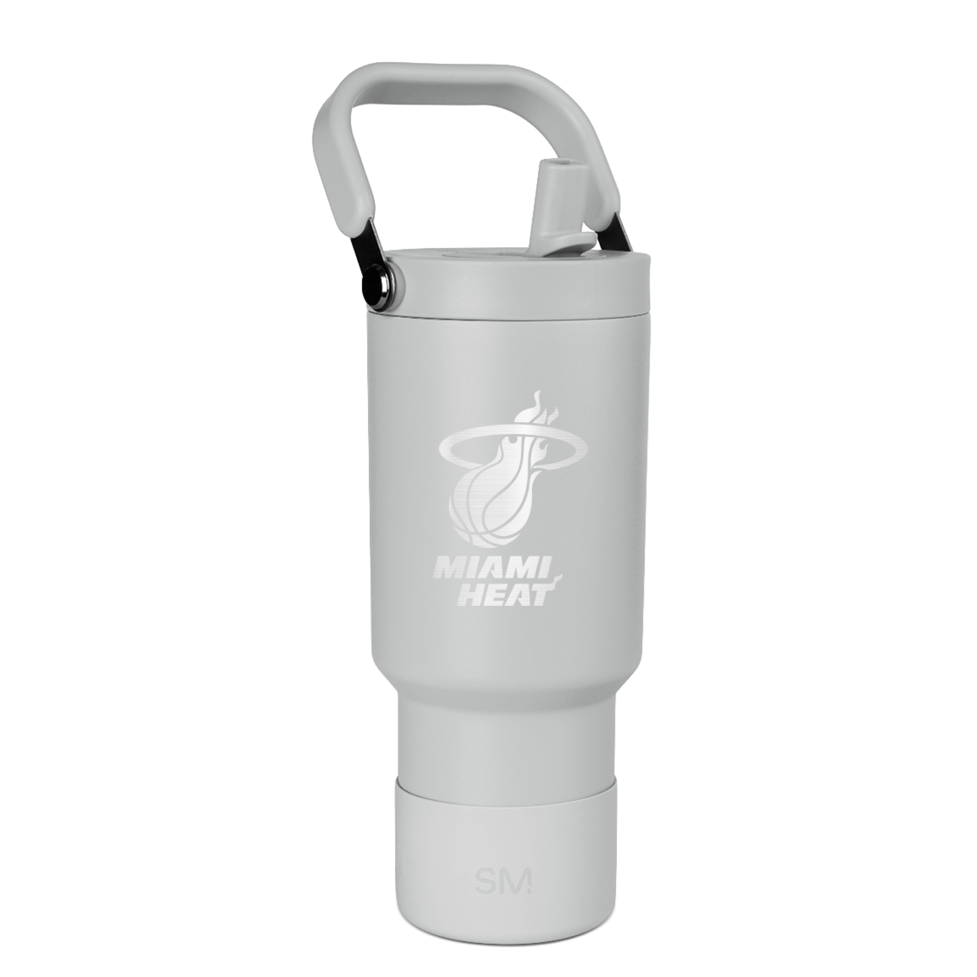 The Simple Modern Miami HEAT Logo Pivot Tumbler is a light gray stainless steel travel mug with a handle, straw lid, double wall insulation, team logo, and 