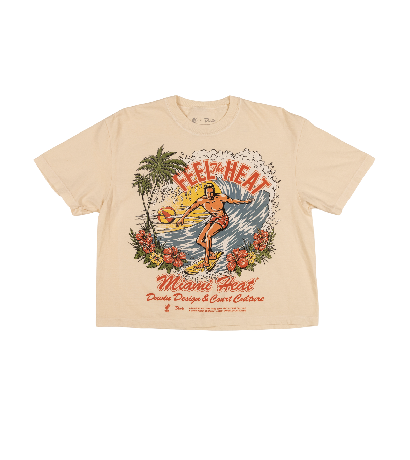 The Court Culture x Duvin Surf Crop is a beige midweight cotton tee with retro artwork of a basketball player, palm trees, waves, and flowers. “Feel the Heat” and “Miami Heat” in vibrant lettering celebrate Court Culture style.