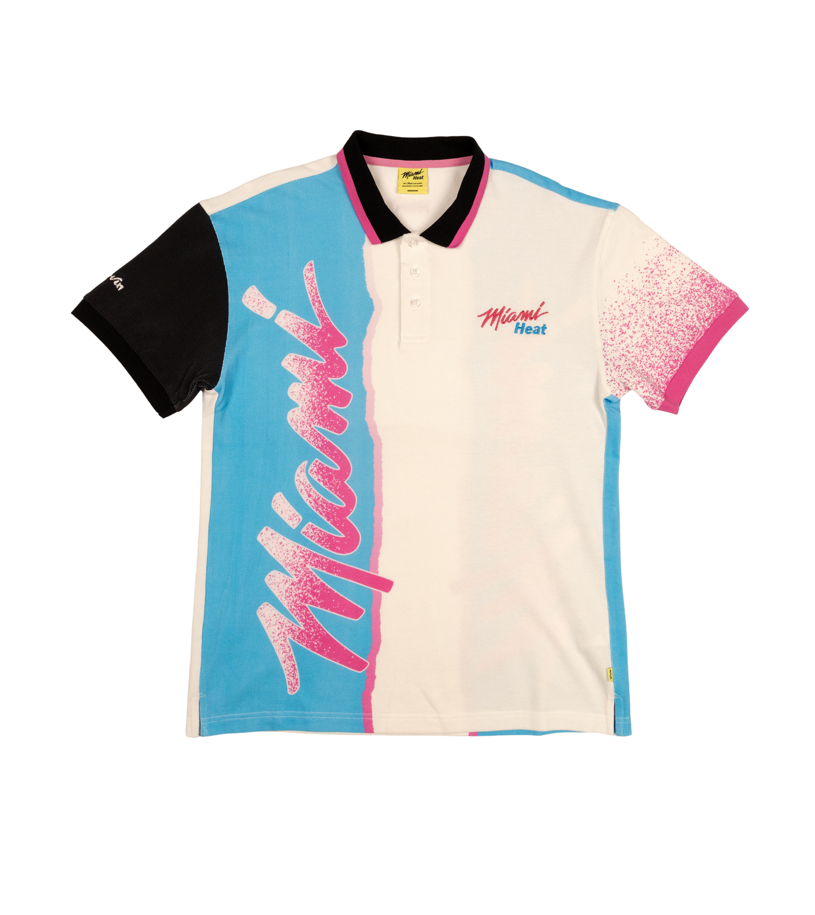 The Court Culture x Duvin Sideline Polo by Court Culture features bold pink “Miami” script, Miami Heat on the chest, and eye-catching color blocks with splatter graphics—a stylish short sleeve polo for fans who love standout designs.
