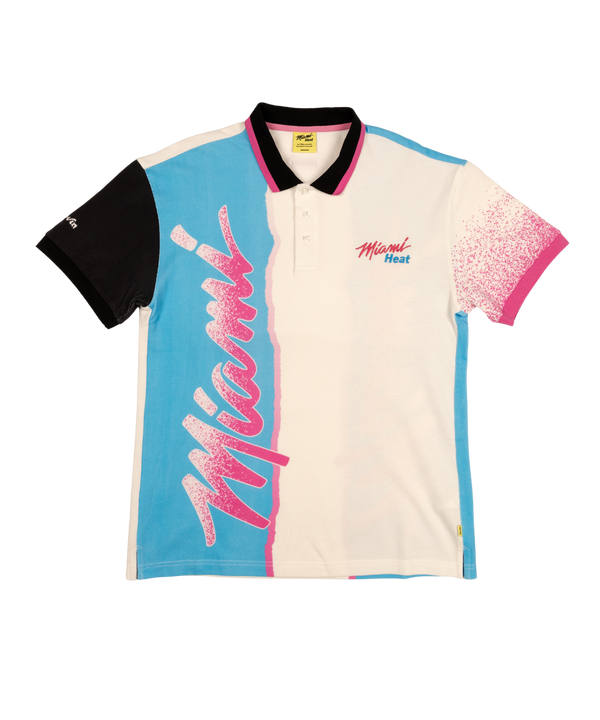The Court Culture x Duvin Sideline Polo by Court Culture features bold pink “Miami” script, Miami Heat on the chest, and eye-catching color blocks with splatter graphics—a stylish short sleeve polo for fans who love standout designs.