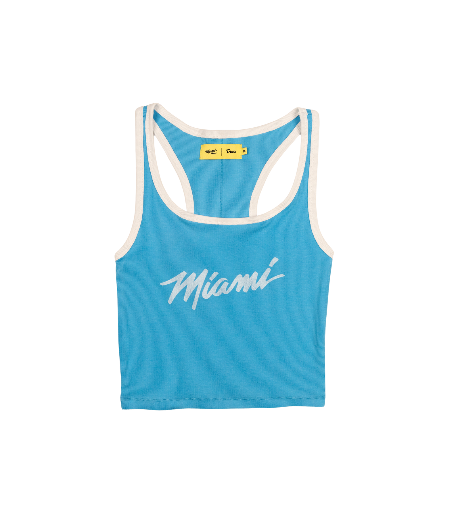 The Court Culture x Duvin Ribbed Tank by Court Culture is a blue stretch cotton tank top with white trim and 