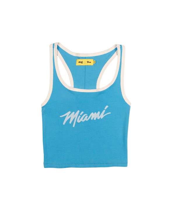 The Court Culture x Duvin Ribbed Tank by Court Culture is a blue stretch cotton tank top with white trim and 