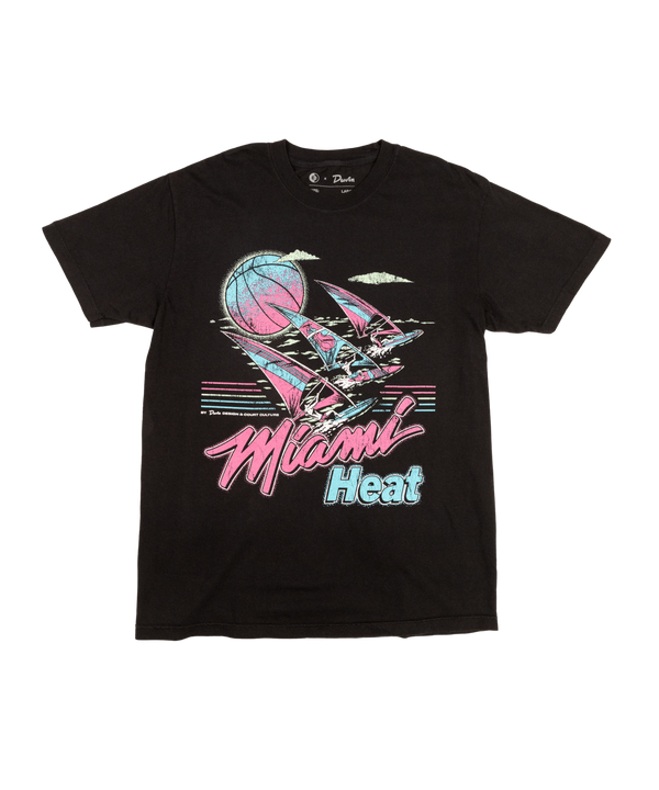 The Court Culture x Duvin Tropical Tee by Court Culture is a black midweight cotton t-shirt featuring a bold retro Miami Heat graphic, stylized basketball, palm trees, and large 