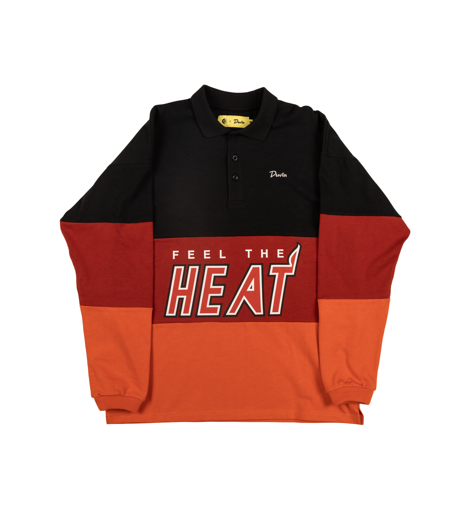 The Court Culture x Duvin Rugby Polo is a pre-shrunk pique cotton, color-block long-sleeve shirt in black, red, and orange with 